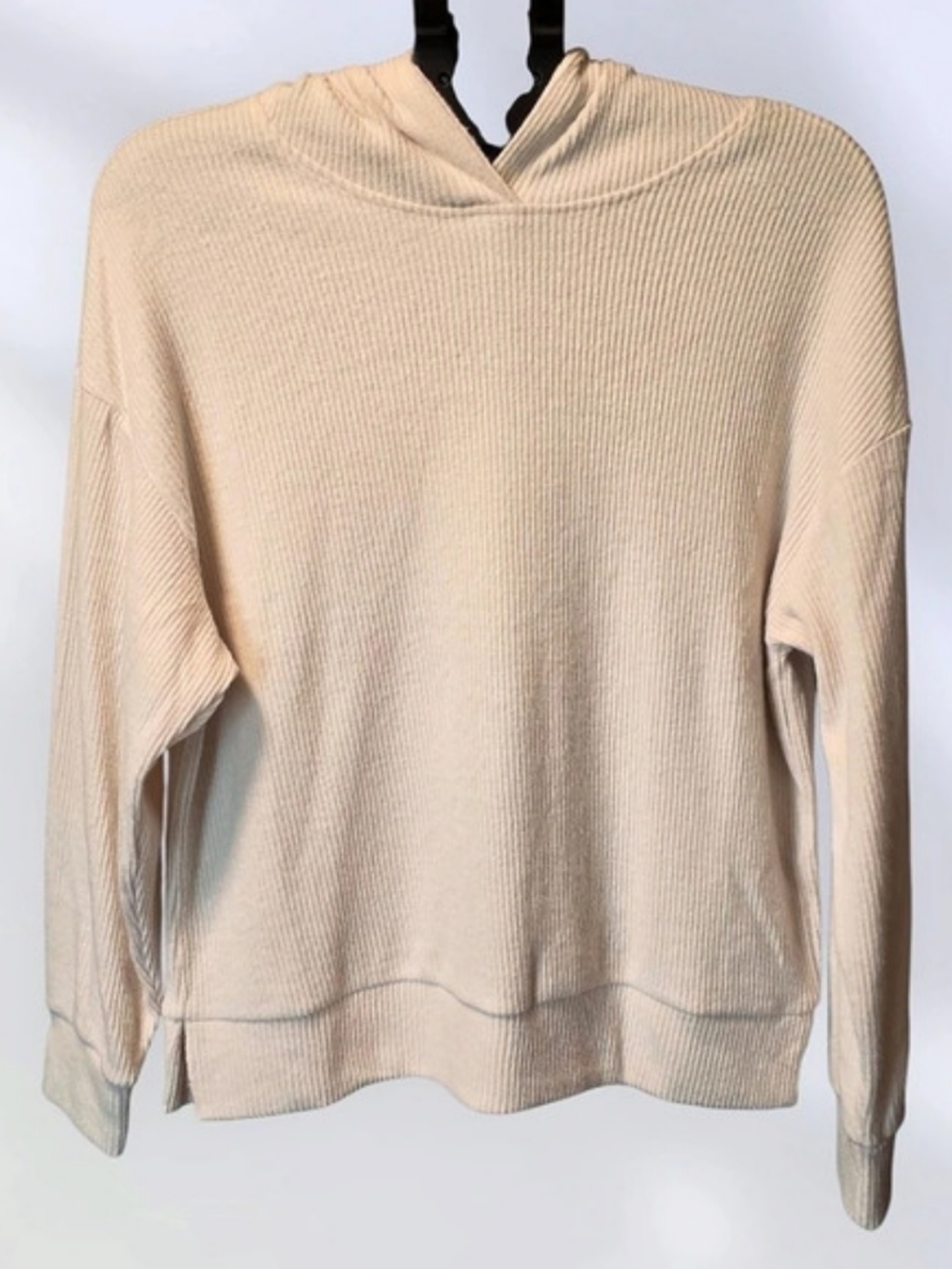 ZENANA Ribbed Long Sleeve Hoodie in Cream, Medium